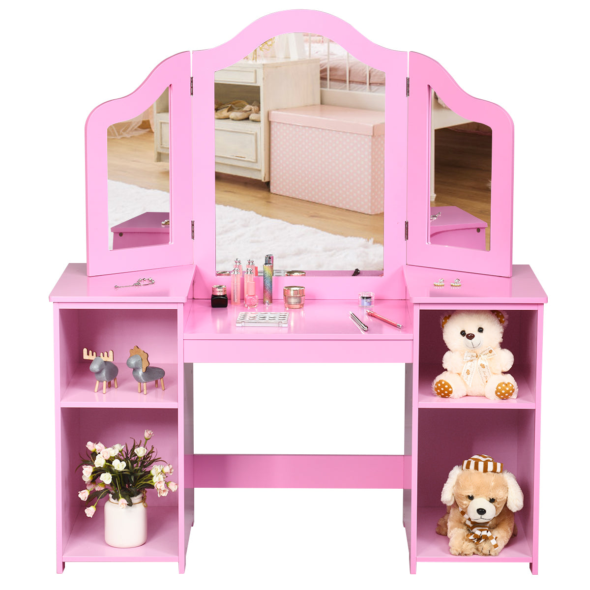 Kids Dressing Table with foldable and removable mirror and storage shelf in pink