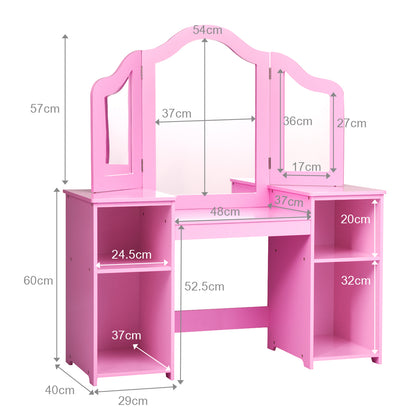 Pink kids vanity table with dimensions shown for all parts