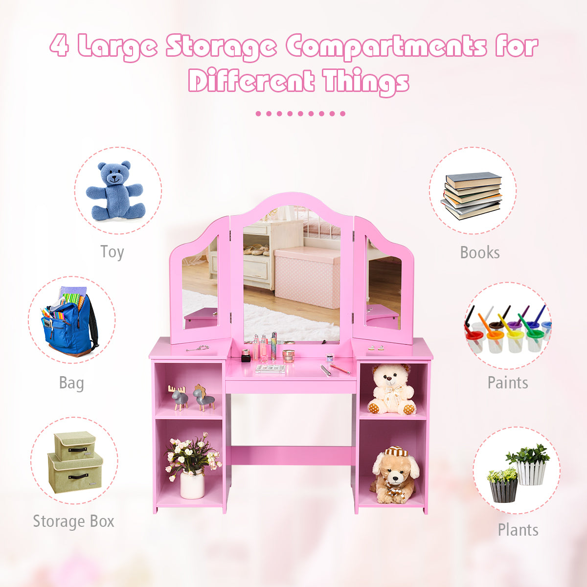 Four large storage compartments for toys, books, paints and plants on the kids vanity