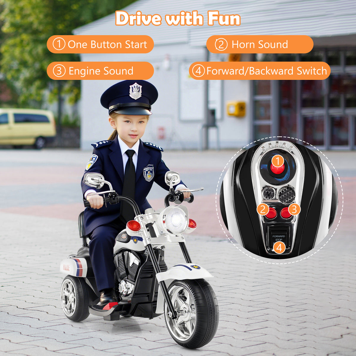The kids electric motorbike with a close up of the control buttons on the fuel tank area