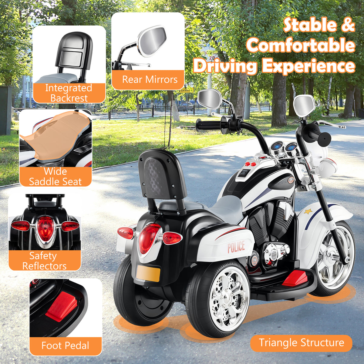 The kids electric motorbike with callouts highlighting the seat, mirrors, and foot pedal