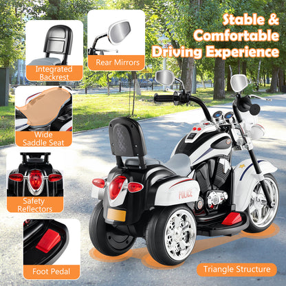 The kids electric motorbike with callouts highlighting the seat, mirrors, and foot pedal