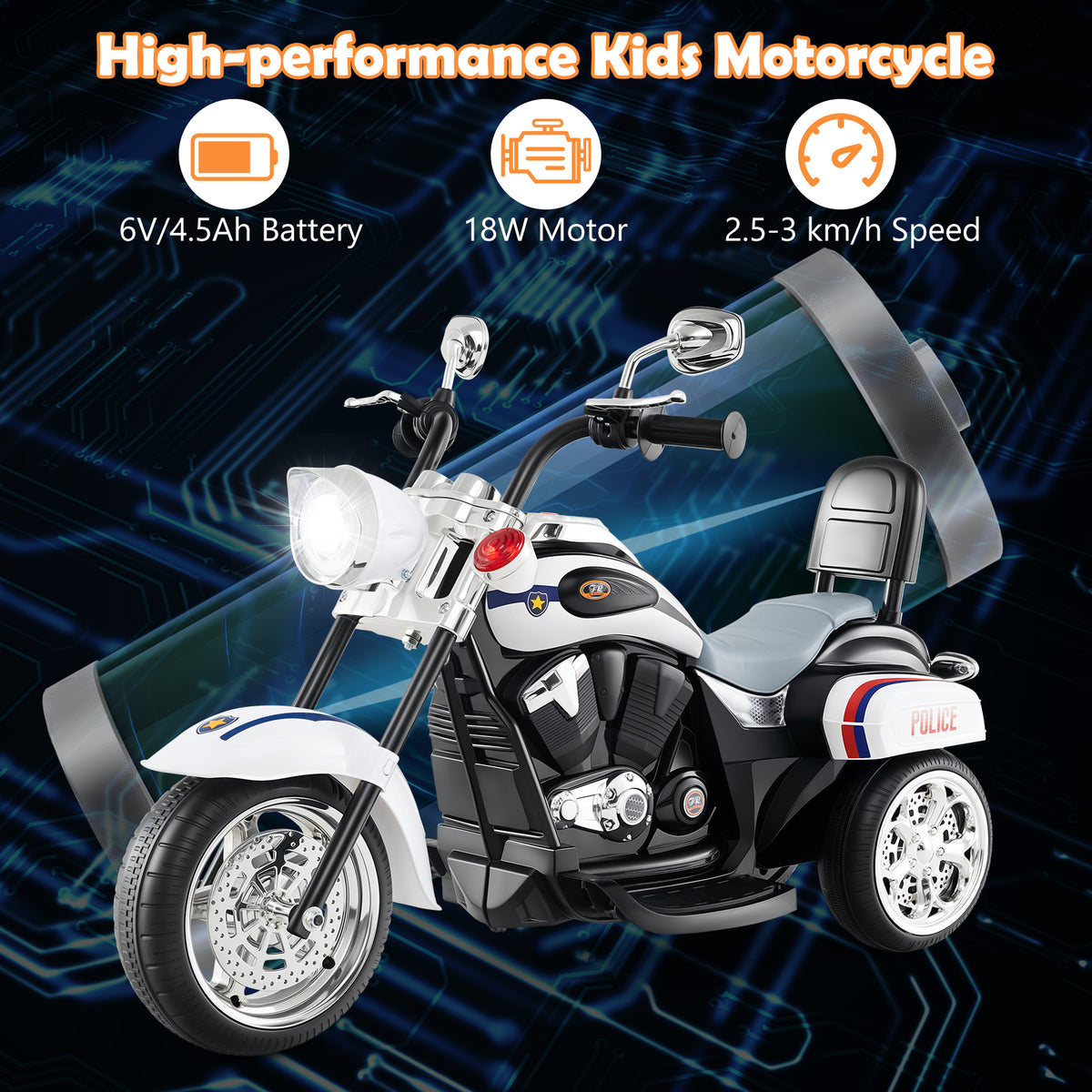 The kids electric motorbike overlaid with icons for battery, motor and speed performance