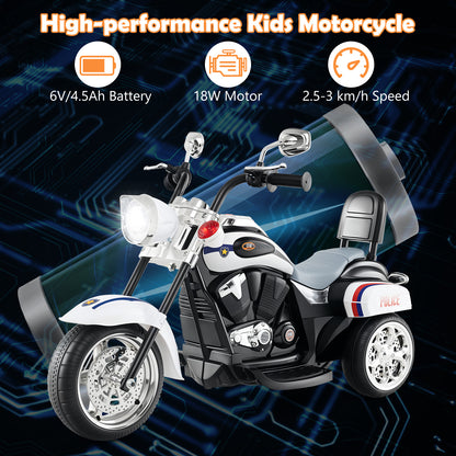 The kids electric motorbike overlaid with icons for battery, motor and speed performance
