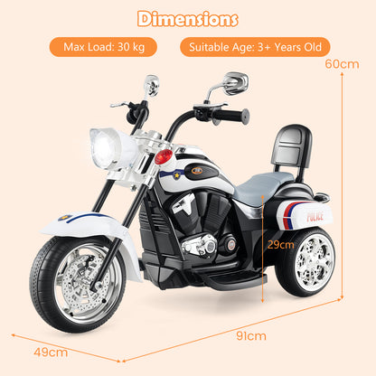 The kids electric motorbike with orange lines and text showing the product dimensions