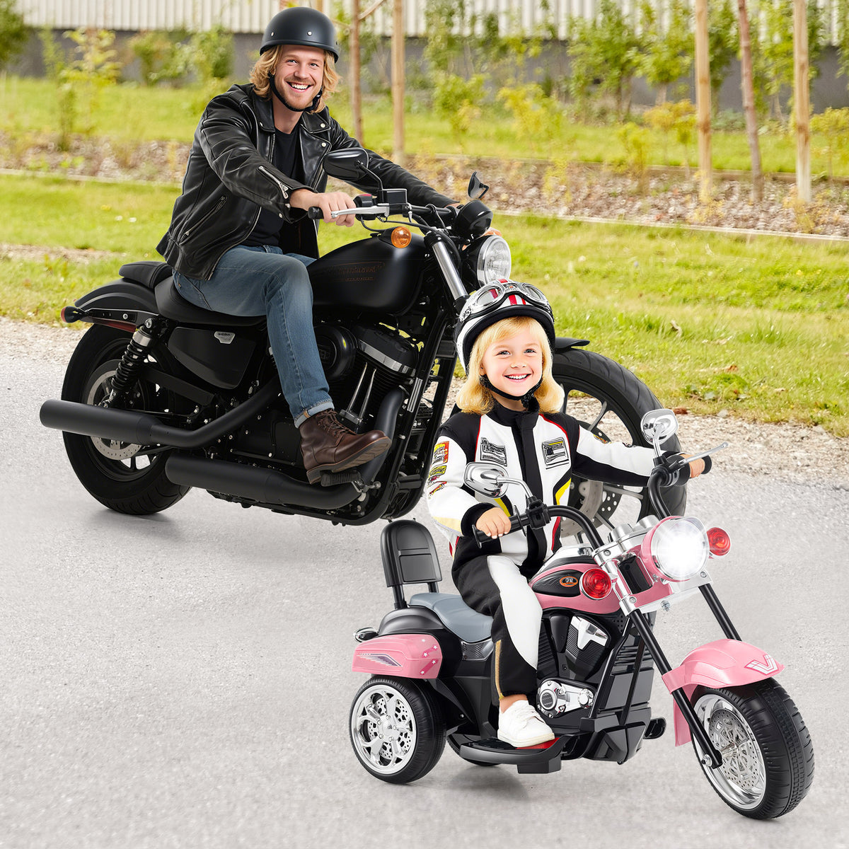 A child on the pink kids electric motorbike next to an adult on a full size motorcycle