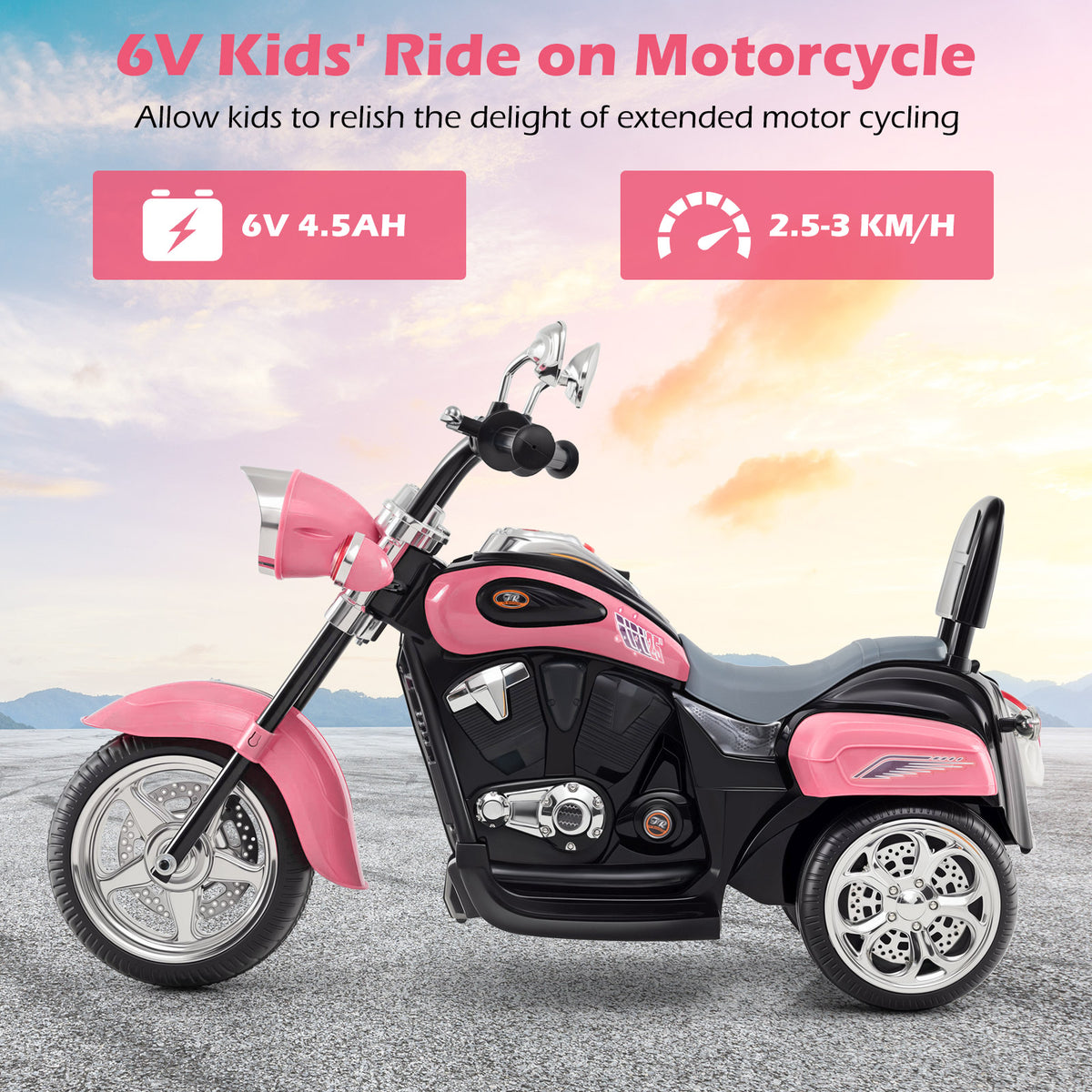 The pink kids electric motorbike shown from the side with text about battery and speed