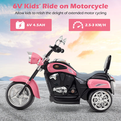 The pink kids electric motorbike shown from the side with text about battery and speed