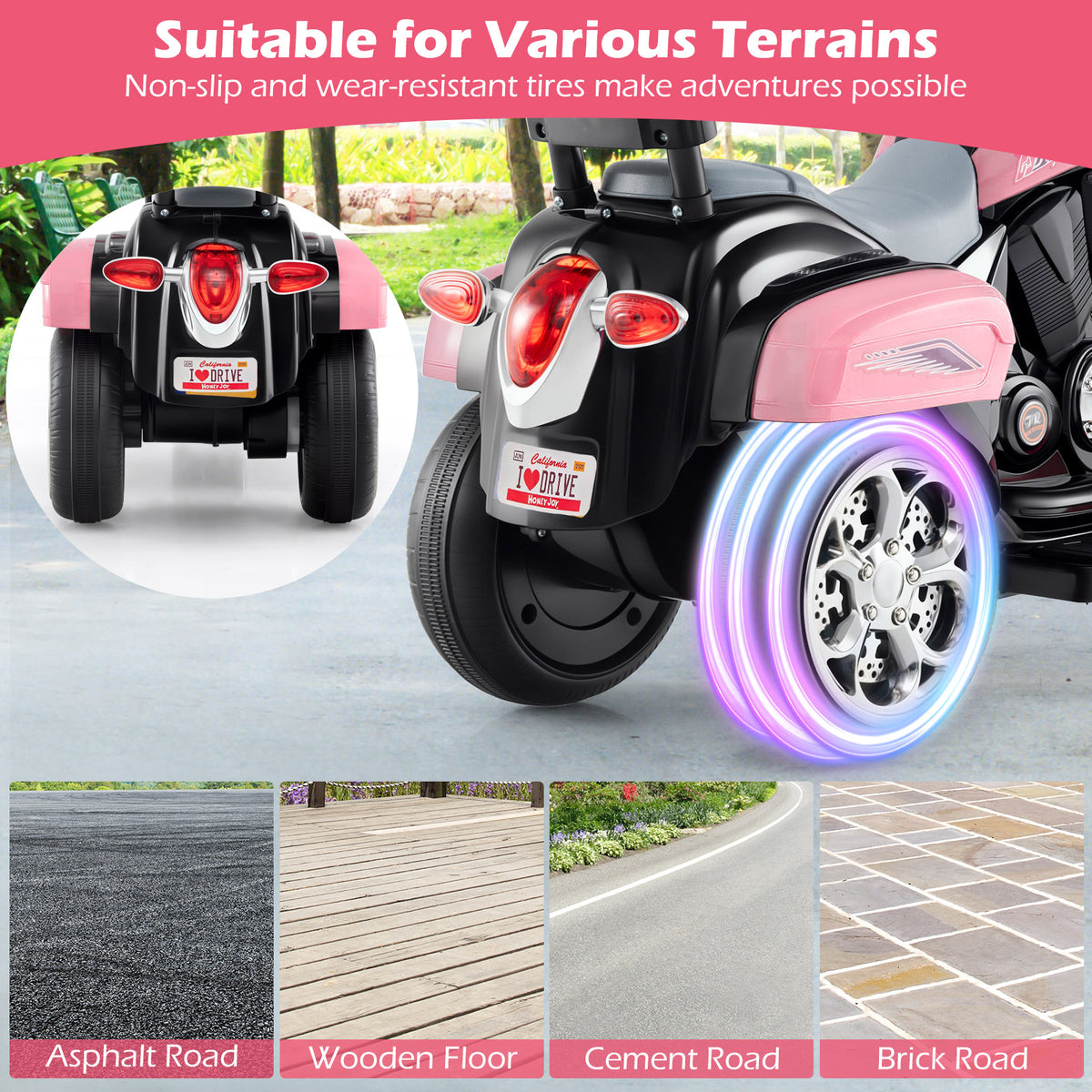The kids electric motorbike shown on different ground surfaces like asphalt and wooden floor