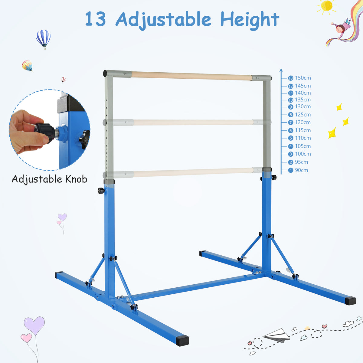 Close-up of the adjustable knob on the blue kids gymnastics bar