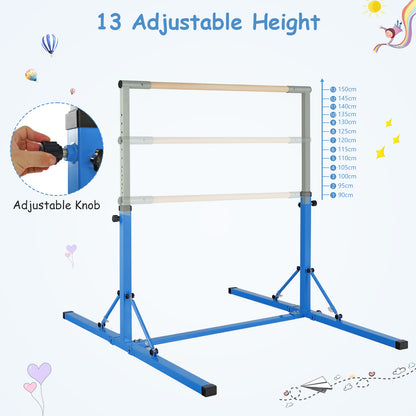 Close-up of the adjustable knob on the blue kids gymnastics bar