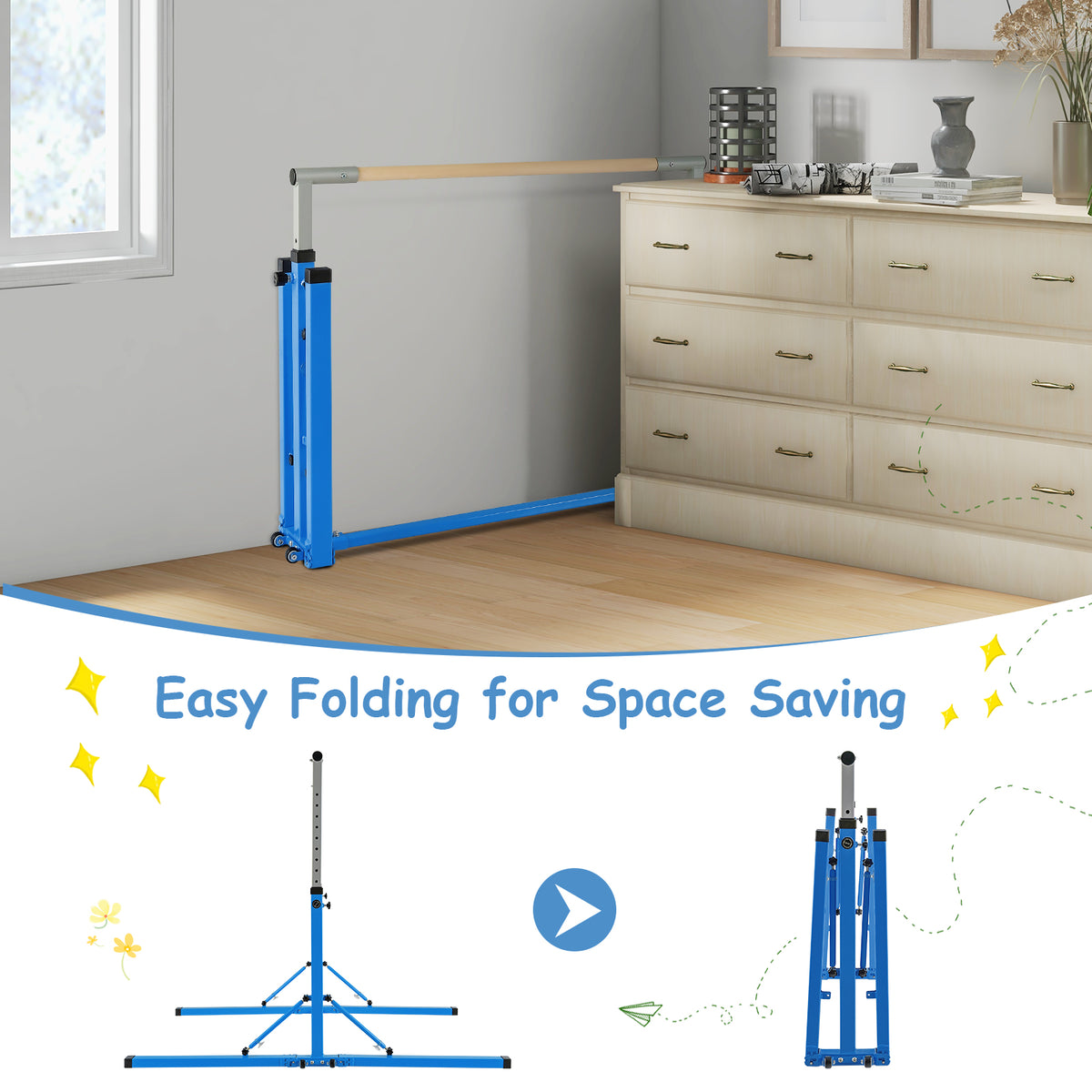 The blue kids gymnastics bar folded flat for easy storage
