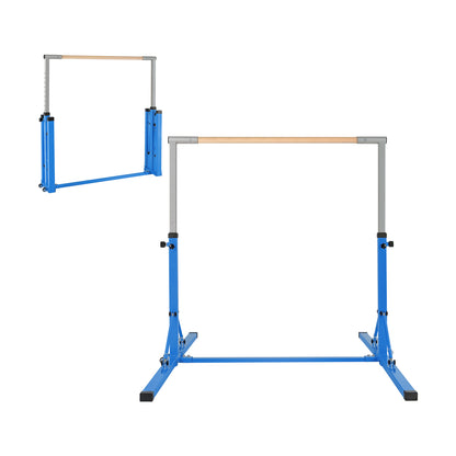 Kids Foldable Gymnastics Bar with 13 Adjustable Height in blue, showing the front and side profile
