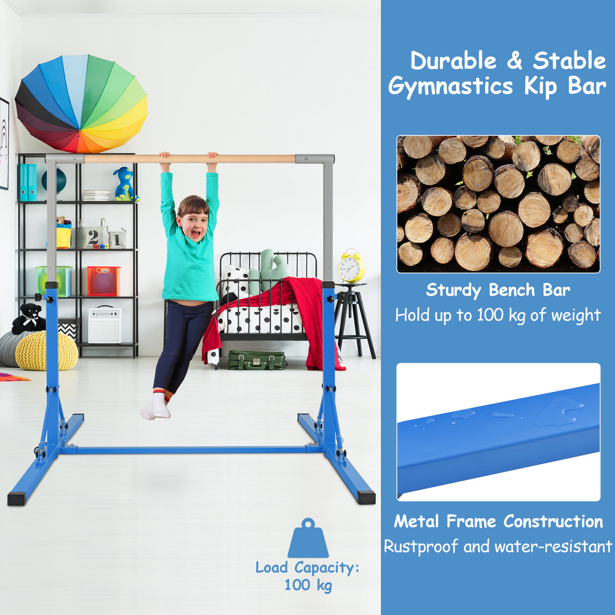 Blue kids gymnastics bar with text about durability and weight capacity