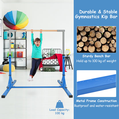 Blue kids gymnastics bar with text about durability and weight capacity