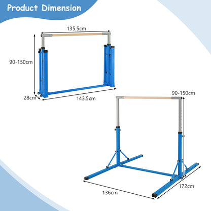 Diagram showing the dimensions of the blue kids gymnastics bar