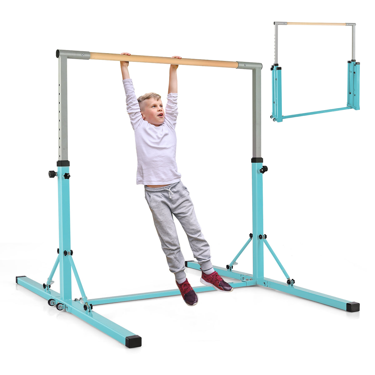 A boy hanging from the gymnastics bar with a smaller folded version shown in the corner