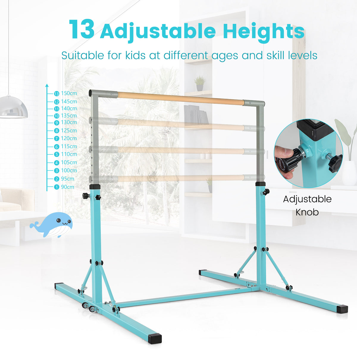 The gymnastics bar highlighting the thirteen height settings and the adjustable locking knob