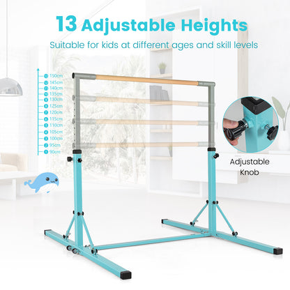 The gymnastics bar highlighting the thirteen height settings and the adjustable locking knob