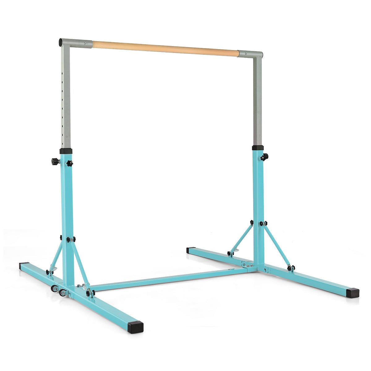 Kids Foldable Gymnastics Bar with 13 Adjustable Height in green with a wooden bar on white background