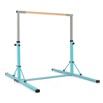 Kids Foldable Gymnastics Bar with 13 Adjustable Height in green with a wooden bar on white background