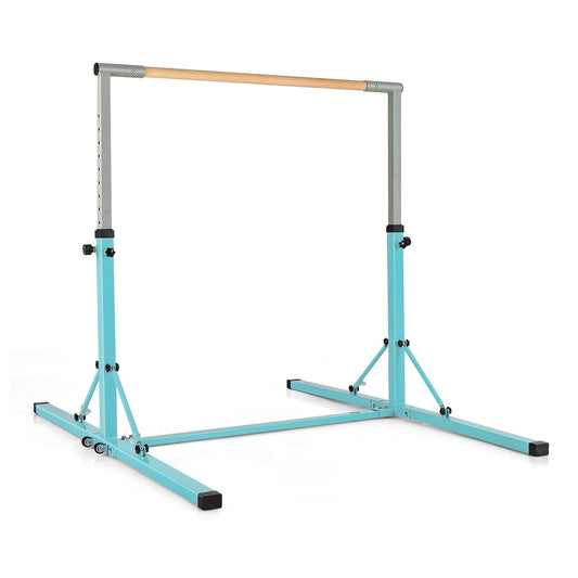 Kids Foldable Gymnastics Bar with 13 Adjustable Height in green with a wooden bar on white background