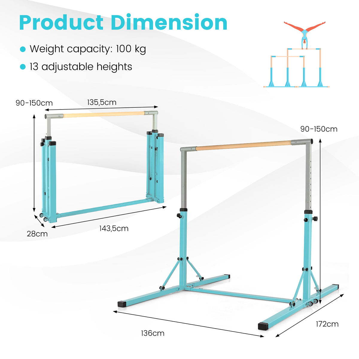 The gymnastics bar showing various measurements and dimensions for the open and folded states