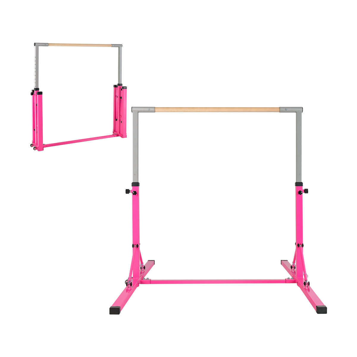 Kids Foldable Gymnastics Bar with 13 Adjustable Height shown in both folded and open positions