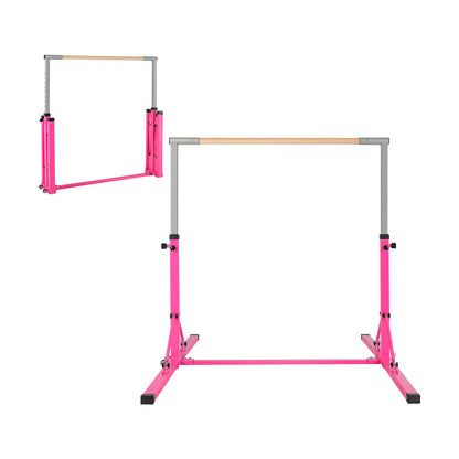 Kids Foldable Gymnastics Bar with 13 Adjustable Height shown in both folded and open positions