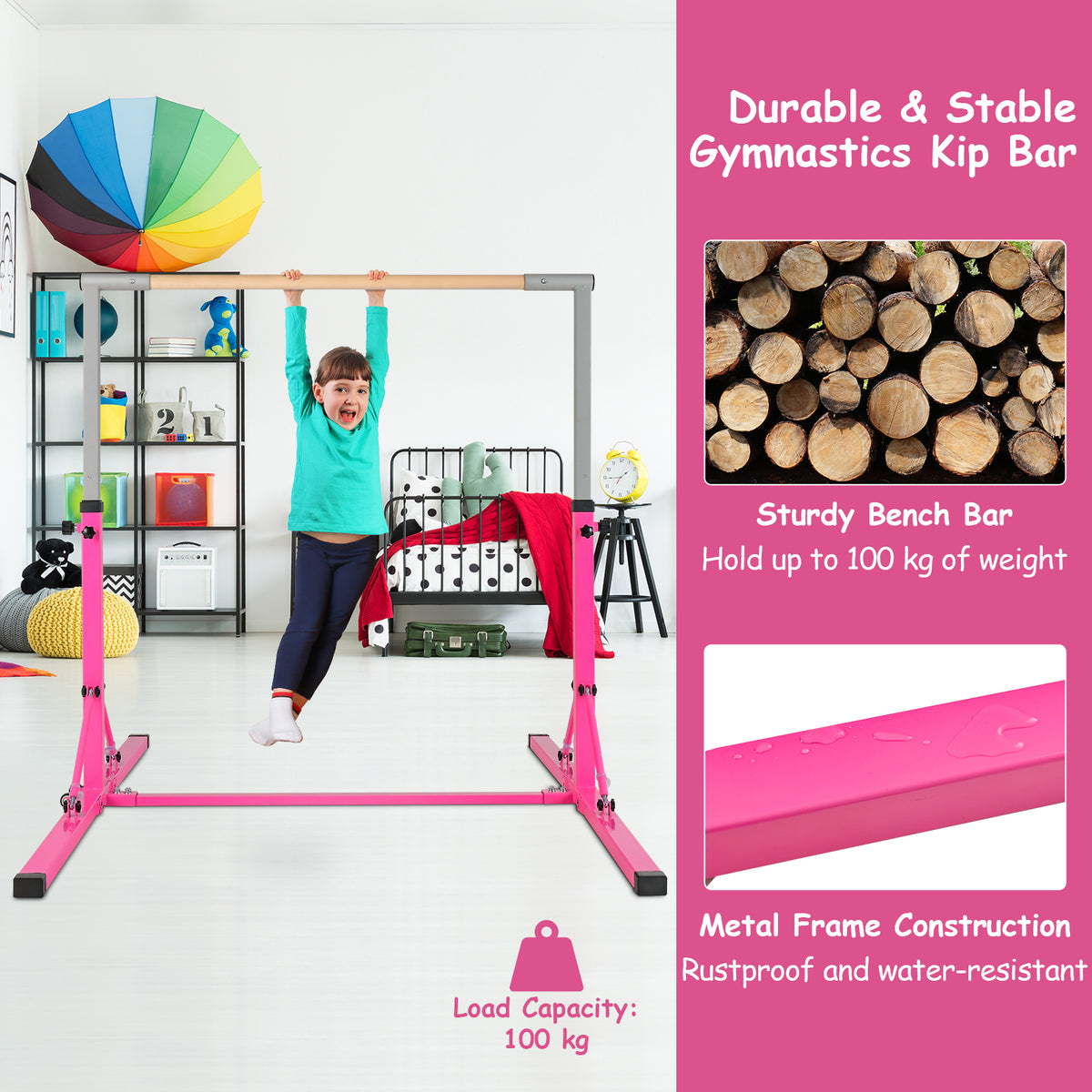 The pink gymnastics bar with feature highlights and construction details