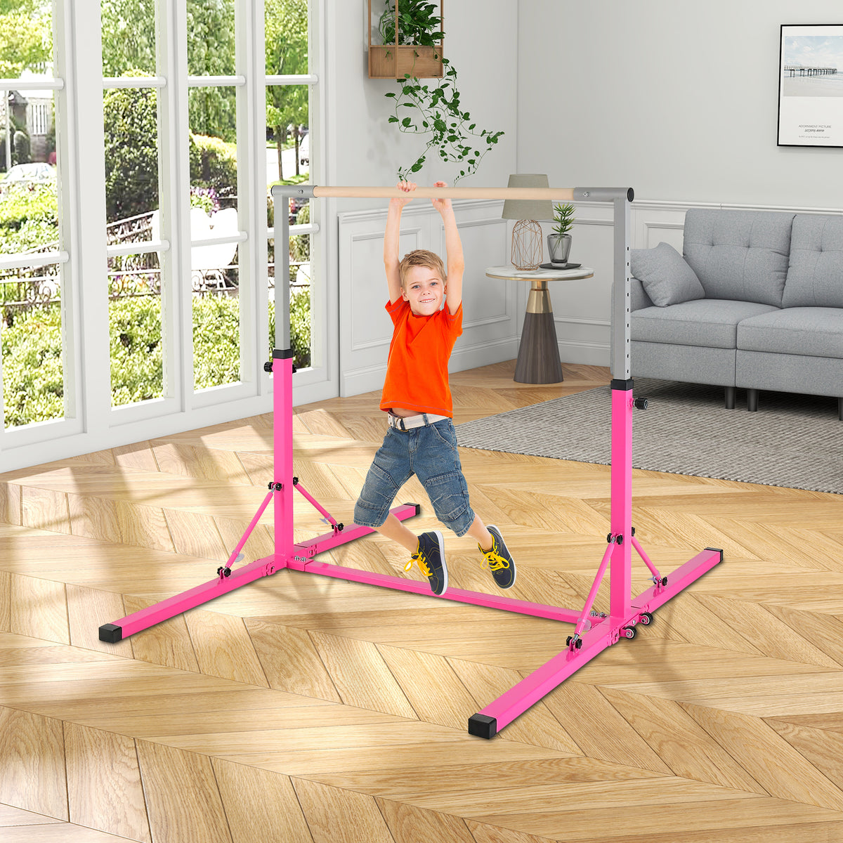 The pink gymnastics bar standing on a wooden floor in a bright living room