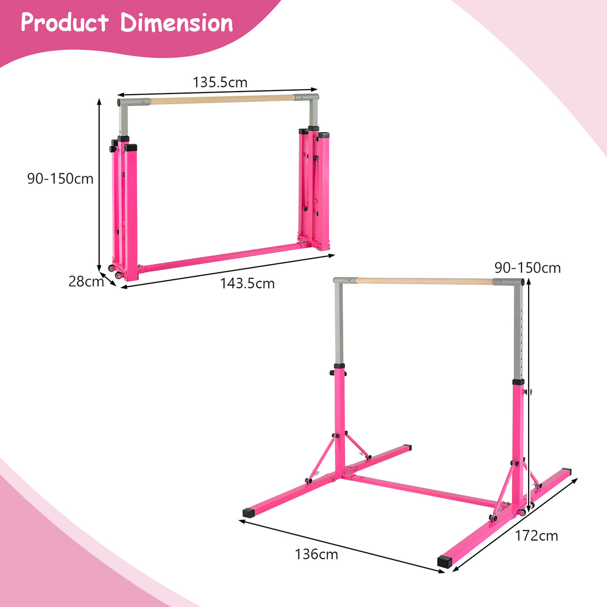 Technical diagram showing the dimensions of the pink gymnastics bar