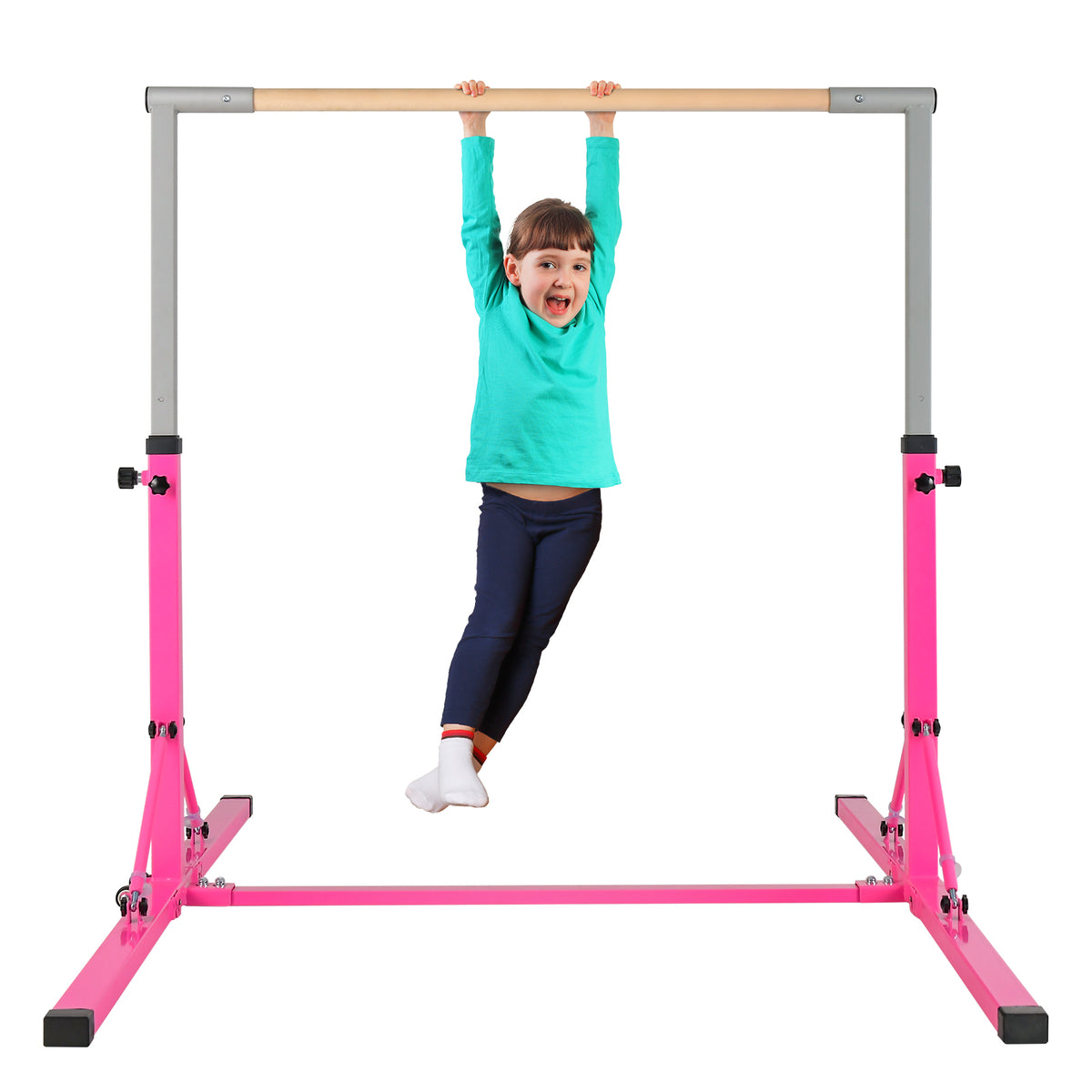 The pink gymnastics bar with a wooden horizontal rail on a white background