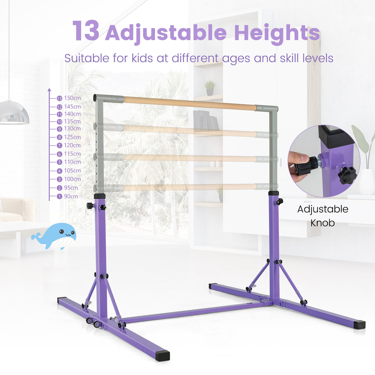 The gymnastics bar showing the height adjustment levels and a close up of the knob