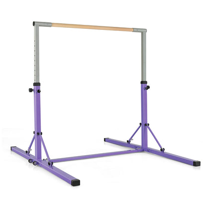 Kids Foldable Gymnastics Bar with 13 Adjustable Height in purple standing on a white background