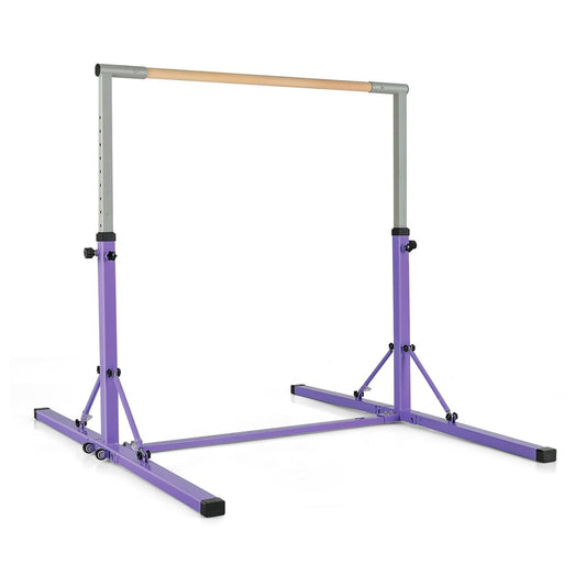 Kids Foldable Gymnastics Bar with 13 Adjustable Height in purple standing on a white background
