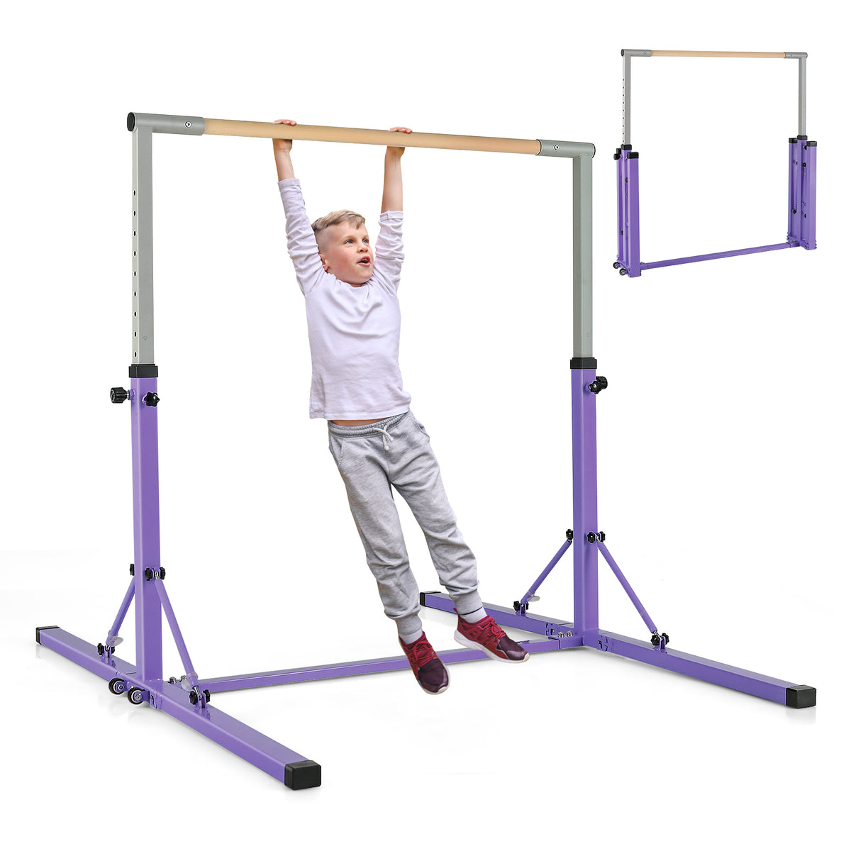 A boy hanging from the gymnastics bar with a small inset showing the folded frame