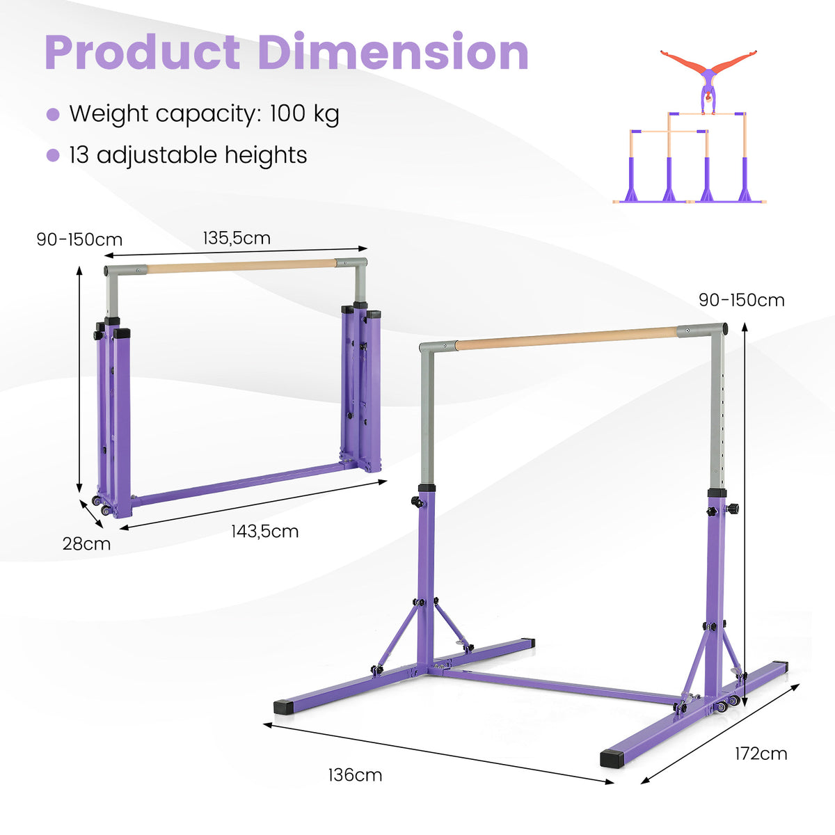 The gymnastics bar showing various measurements and dimensions on a white background