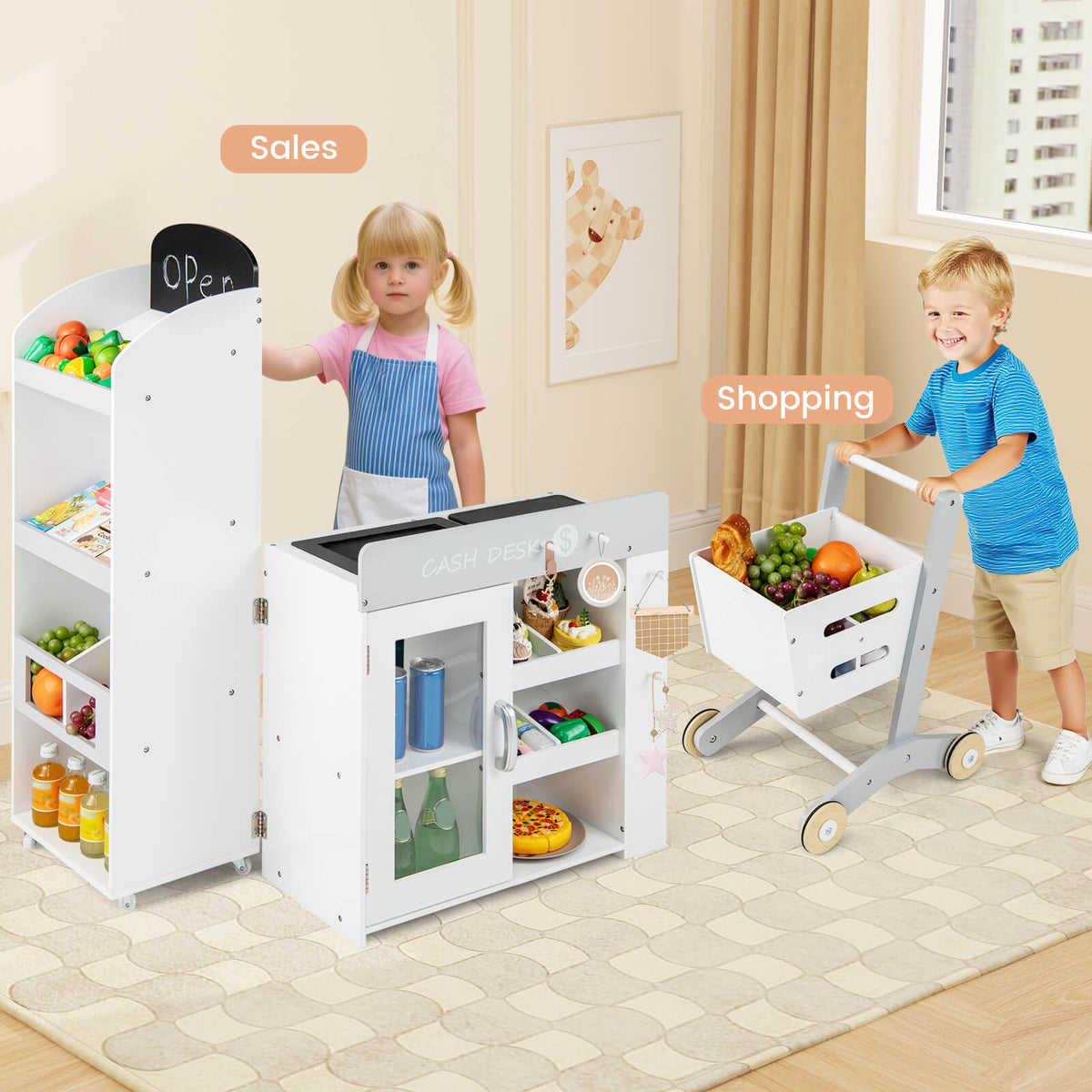 Children playing with the convertible play kitchen set in a room