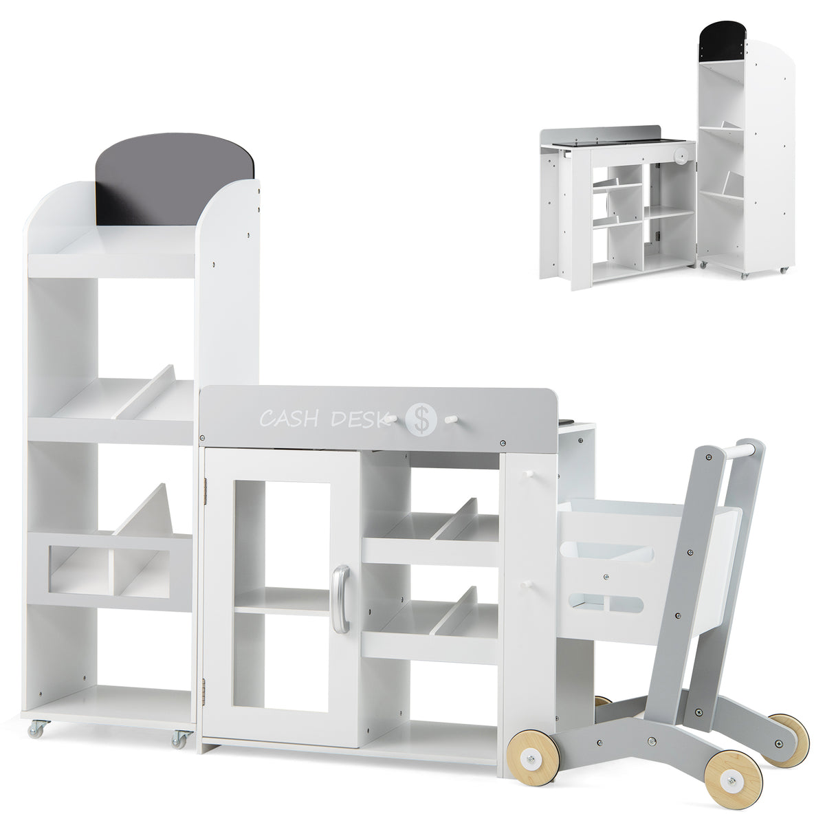 Kids Grocery Store Playset Convertible shown assembled with a shopping cart and checkout counter