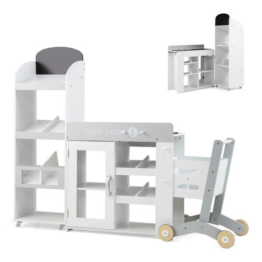 Kids Grocery Store Playset Convertible shown assembled with a shopping cart and checkout counter