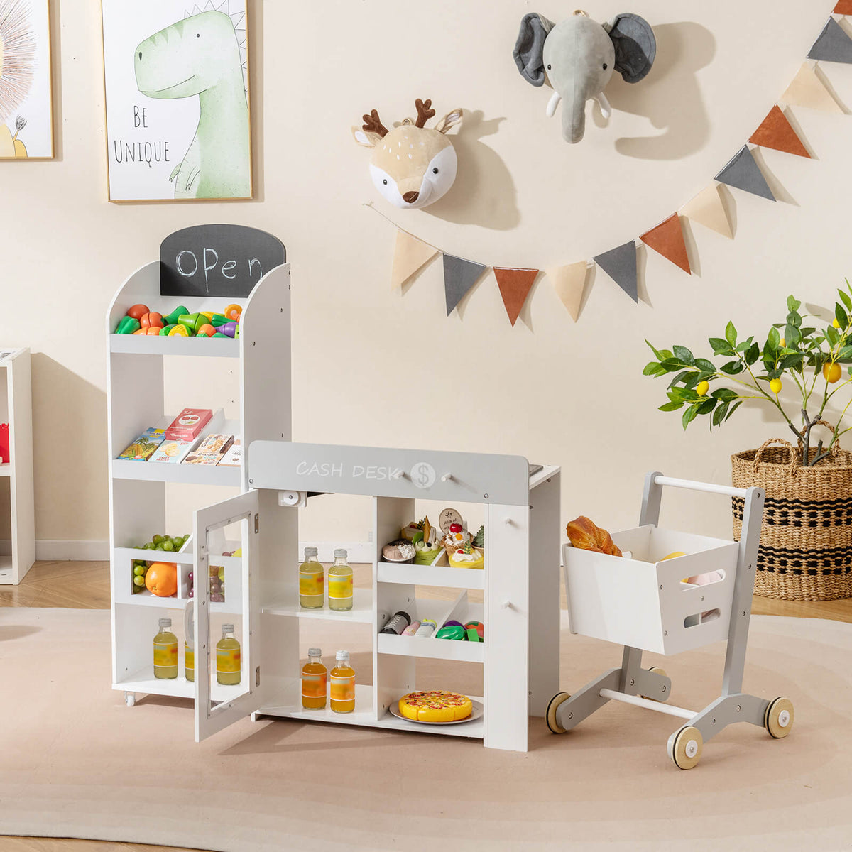 Play kitchen set with shopping cart and shelves filled with pretend food