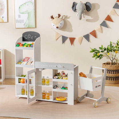 Play kitchen set with shopping cart and shelves filled with pretend food