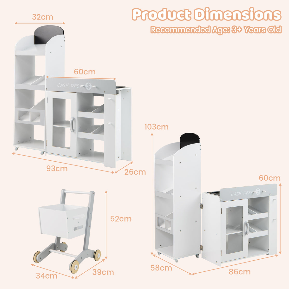 Dimensions diagram for the convertible play kitchen set