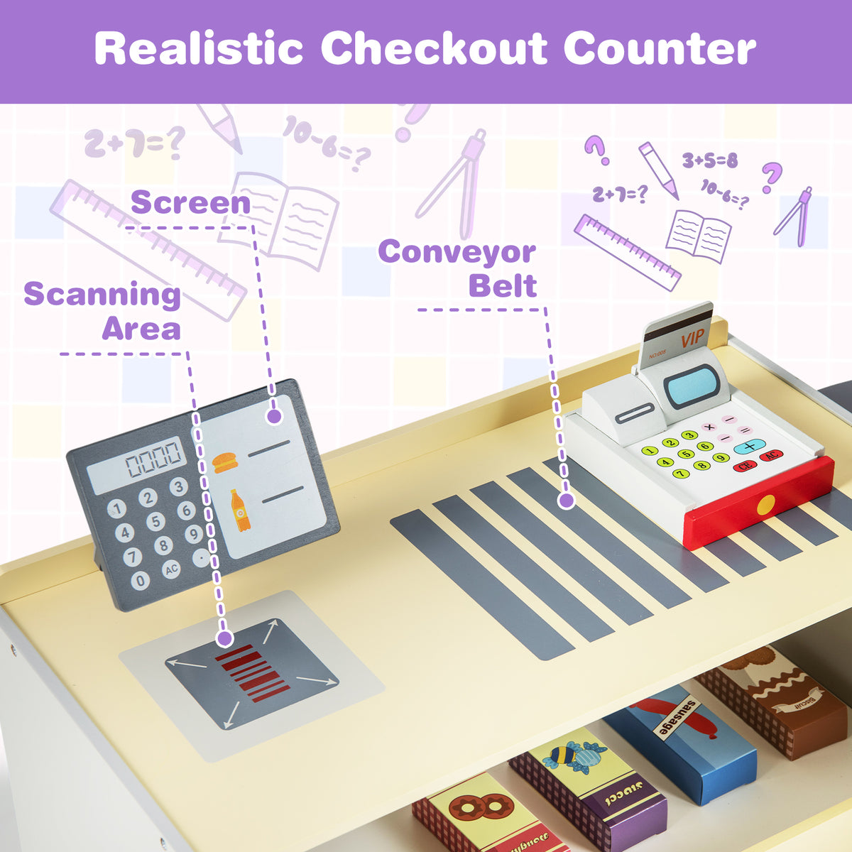 Close up of the realistic checkout counter on the grocery store playset