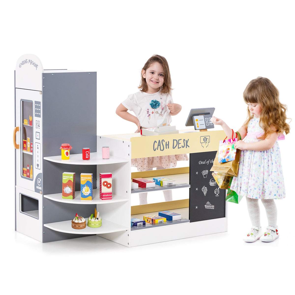 Two children playing with the kids grocery store playset