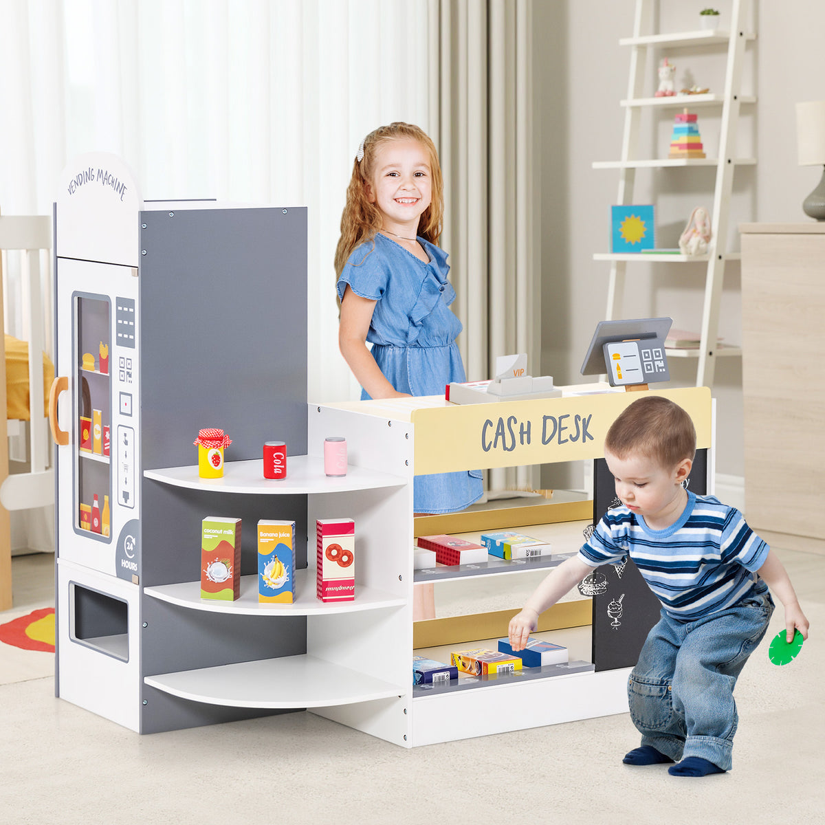 Children playing at the kids grocery store playset with cash register