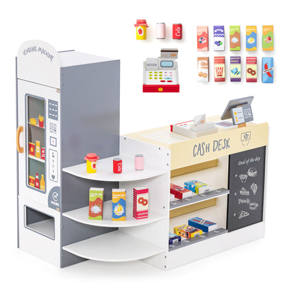The kids grocery store playset with a vending machine and cash desk with toy food items