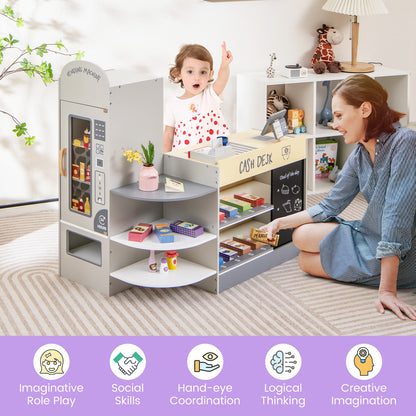 A mother and child playing with the grocery store playset in a room