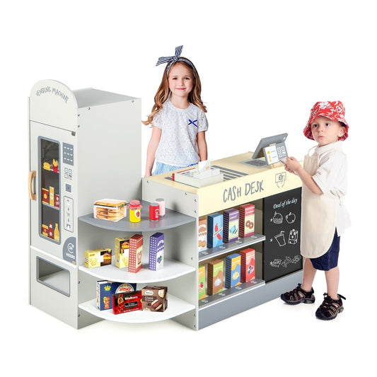 Kids Grocery Store Playset with two children playing at the counter and vending machine